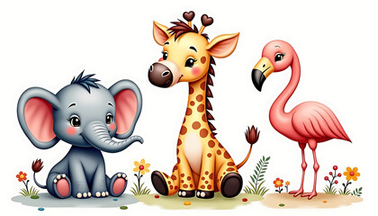 3 cute baby animals - elephant, giraffe, and flamingo - in watercolor clipart on a white background