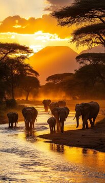 Fototapeta African Sunset Glow Majestic Silhouette of an Elephant Herd Crossing a Serene River in the Wild