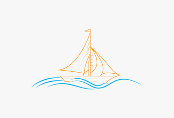 Sailboat Vector Illustration. Logo Concept for Sea travel agency, vacation marine tour or water transport company. simple vector symbol. Sail boat on ocean blue wave.