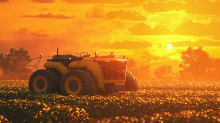 Fototapeta premium Vibrant Sunset Over Agricultural Landscape with Modern Farming Equipment