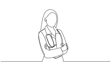 Single continuous line drawing a female doctor standing confidently with her arms crossed, One continuous line drawing female doctor with stethoscope.