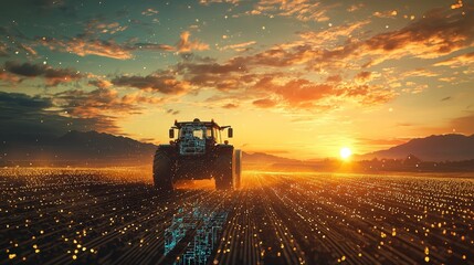 Fototapeta premium Sunset over a tractor working in a golden field with dramatic clouds