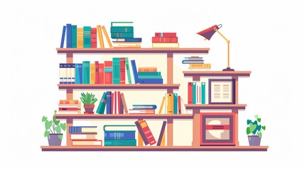 Professional Bookshelf in Library Interior Room with Stacks of Books