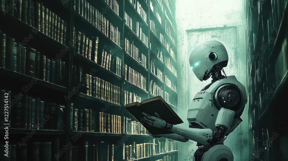 Poster A robot exploring an abandoned library, scanning dusty books on shelves, surrounded by rows of forgotten knowledge in a dimly lit, mysterious atmosphere