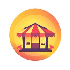 Festival food stall, striped awning, summer fair, sunny background, menu board