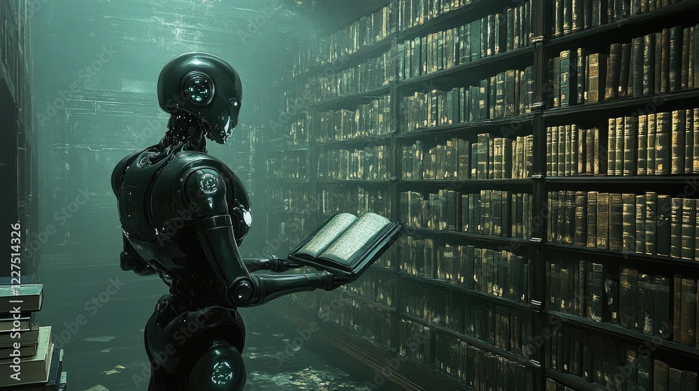 Poster A robot exploring an abandoned library, scanning dusty books on shelves, surrounded by rows of forgotten knowledge in a dimly lit, mysterious atmosphere