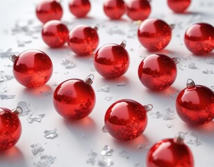 Red glass ornament fragments scattered on a snowy white background, snow-covered destruction, festive debris