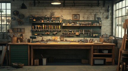 A wooden workbench in a workshop, featuring a variety of tools arranged for DIY and repair tasks, with ample space for product display