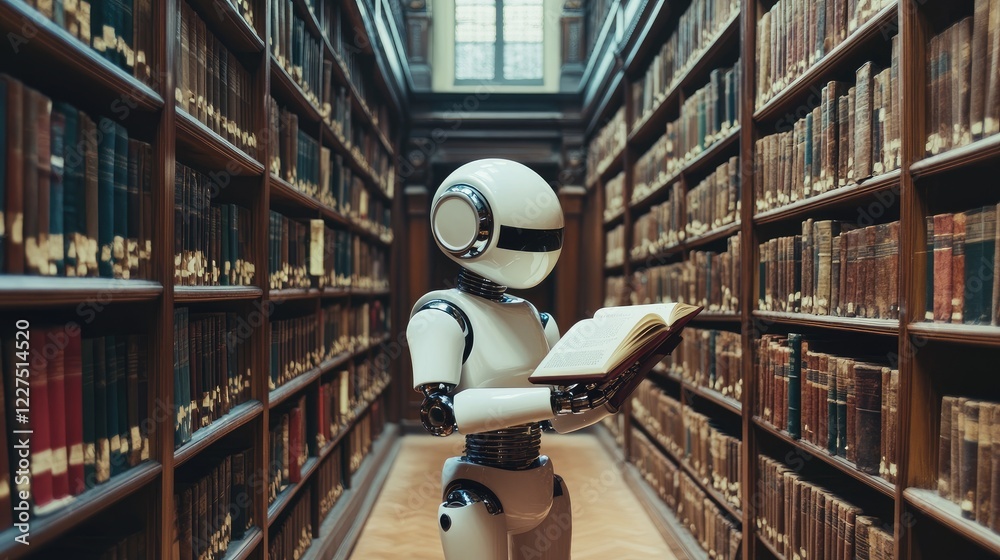 Poster a robot standing in the middle of a deserted library, absorbed in a book, amidst rows of untouched l