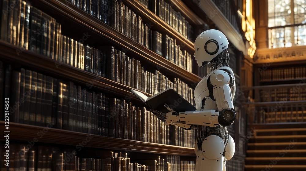 Poster a robot standing in the middle of a deserted library, absorbed in a book, amidst rows of untouched l