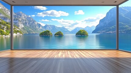Spacious Modern Room with Indoor Window Overlooking Scenic Lake and Mountain Landscape, Inviting Natural Light and Tranquil Atmosphere