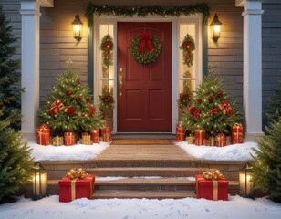 Fototapeta premium Red and gold Christmas present wreaths placed strategically around the base of a large evergreen tree on a snowy porch, festive, wreaths, home