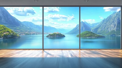 Large Empty Room with Indoor Window Showcasing Stunning Mountain and Lake View in Bright Natural Light