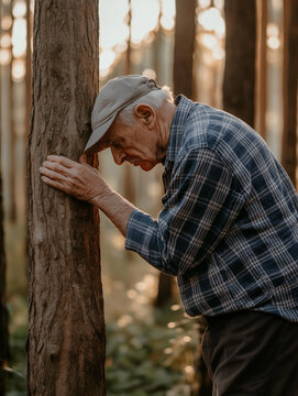 An old man lost in the forest walking among the trees looking for the way out