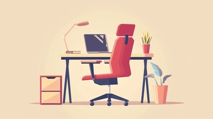 Modern Working Place with Office Chair, Desk, and Laptop for Remote Work Environment