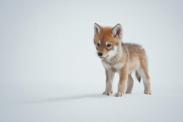 Adorable young wolf pup standing on soft white snow, exploring its surroundings in a serene winter landscape