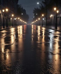 Rainy road with glowing streetlights in the evening, dark, wet road, urban scene