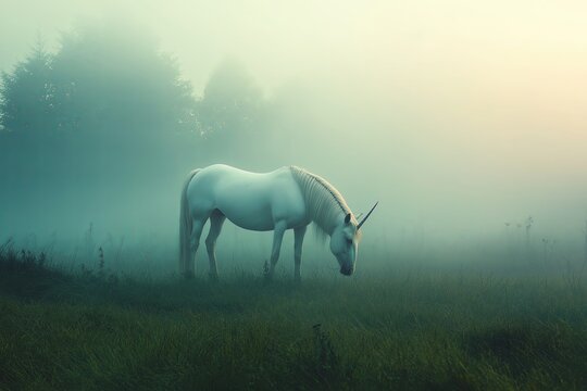 A unicorn grazing in a misty enchanted meadow