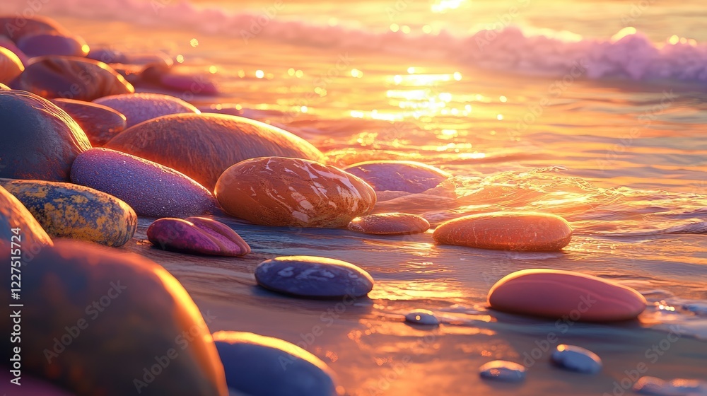 Poster a serene beach with an array of smooth, colorful rocks, their polished surfaces gleaming under the g