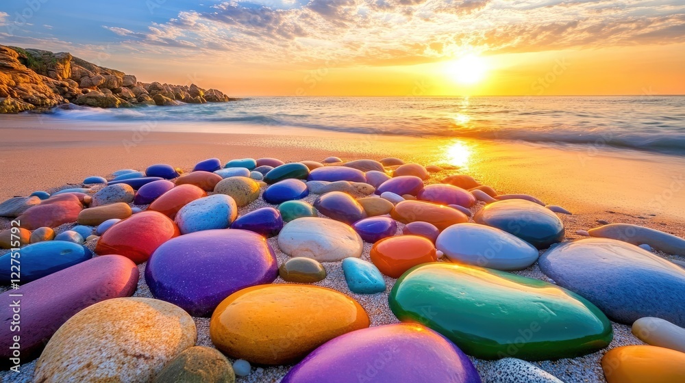 Poster a serene beach with an array of smooth, colorful rocks, their polished surfaces gleaming under the g