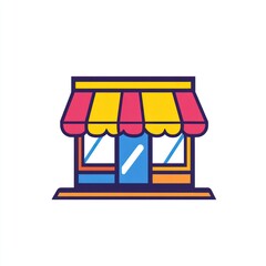 Colorful storefront, open for business, white background, retail icon