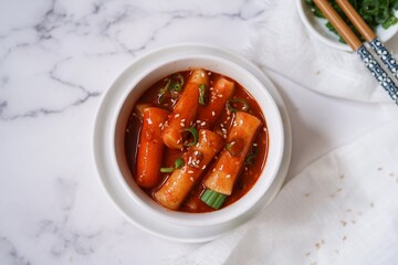Korean spicy rice cake topped with sesame seeds and spring onions | Tteokbokki