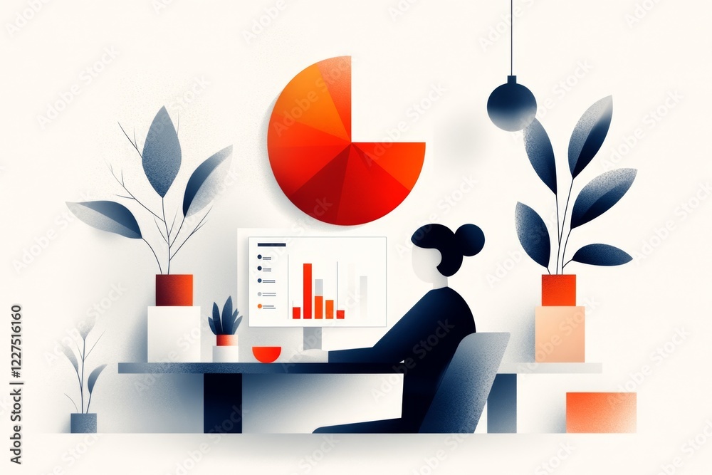 Fototapete A minimalist illustration of a consultant sitting at a desk with a pie chart and graph displayed on a screen, using simple geometric shapes and a clean white background