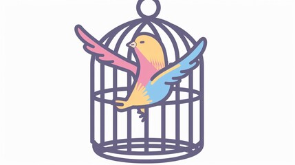 Colorful Bird Cage Icon with Winged Flying Pet in Cartoon Style