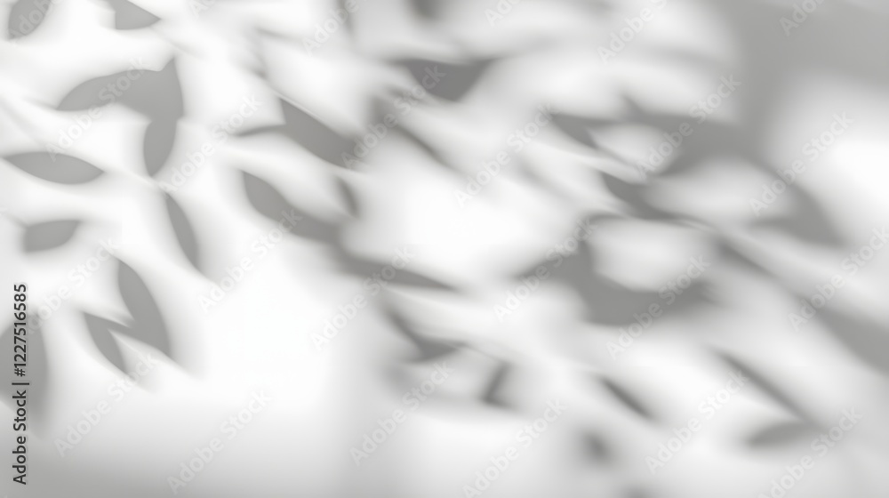 Poster soft and dreamy tree leaves shadow overlaying a plain white wall background with subtle light transi