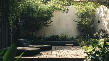 Fototapeta premium A serene rooftop space with minimalist black furniture, wood decking, and plenty of greenery, creating a peaceful retreat for relaxation and reflection