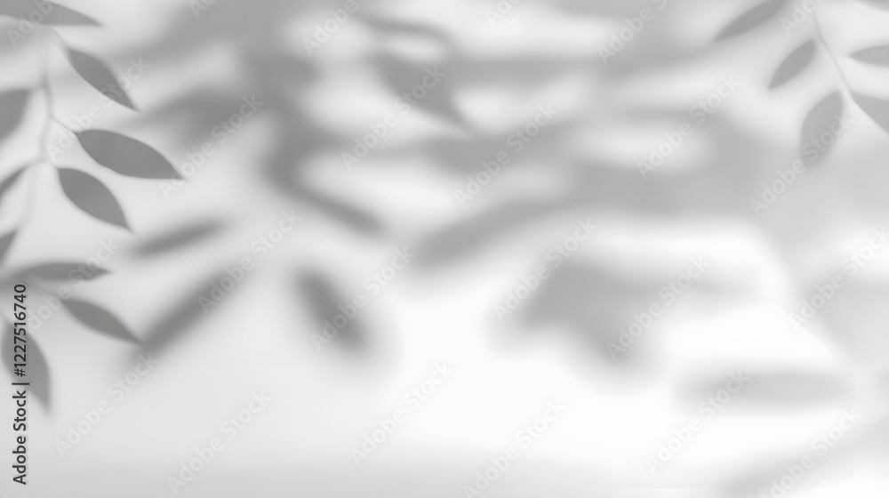 Poster stylish abstract tree leaves shadow gently falling on bright white wall background creating a natura