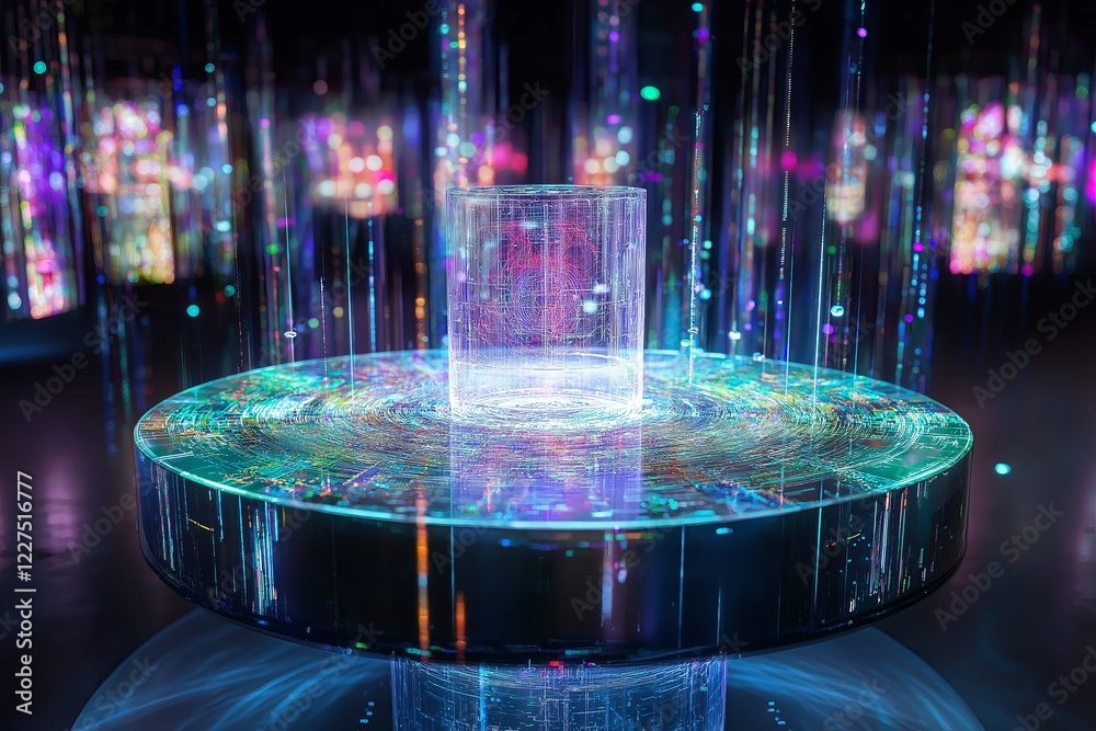 Poster An artificial intelligence core surrounded by floating holograms