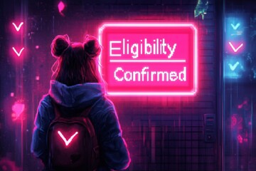A pixel art depiction of a character standing in front of a large "Eligibility Confirmed" banner in a vibrant, pixelated world, with animated checkmarks floating around