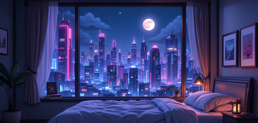 Lofi bedroom with cozy bed and neon-lit futuristic cityscape at night