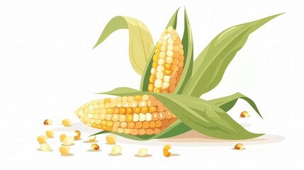 Obraz premium Vibrant Cartoon Maize Kernels on Green Corncob with Leaf Ear - Stock Photo