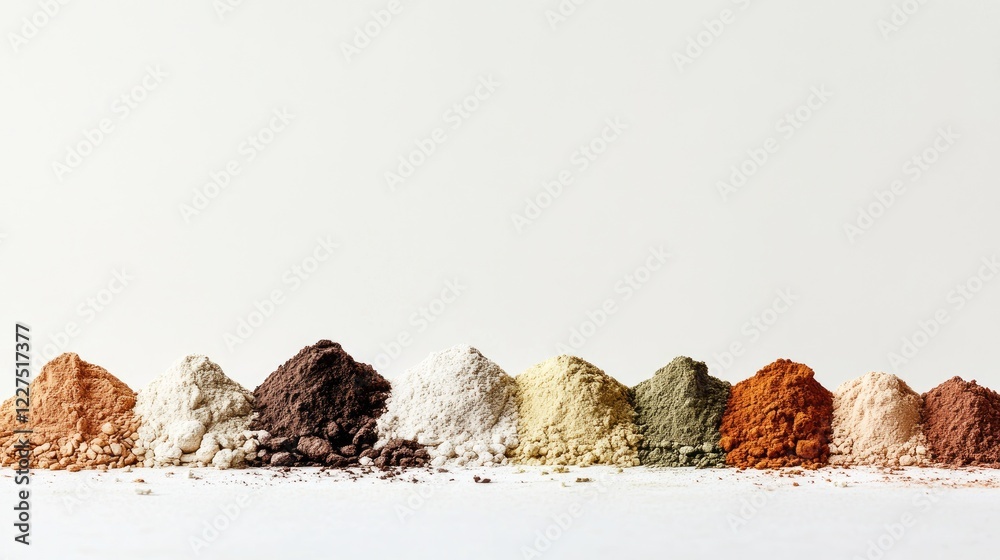 Poster a series of small heaps of powders and grains, forming a gradient of natural shades on a white surfa