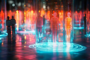 An artificial intelligence core surrounded by floating holograms