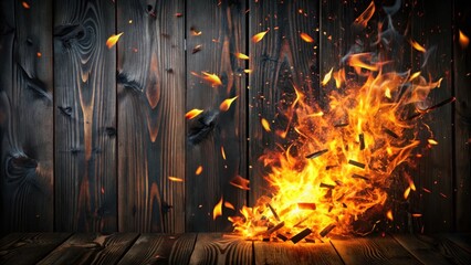 Fototapeta premium Fiery Splinter Explosion Against Dark Wood, chaotic fragment