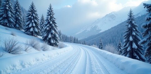 Fototapeta premium Snow-covered mountain road winding through frosted pines , background, panorama