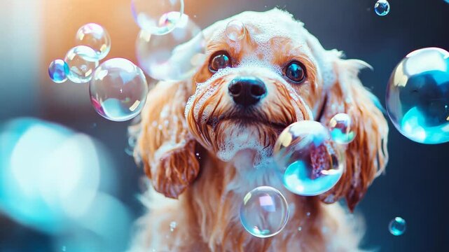 A happy curly-haired dog plays with floating bubbles in a bright, joyful moment