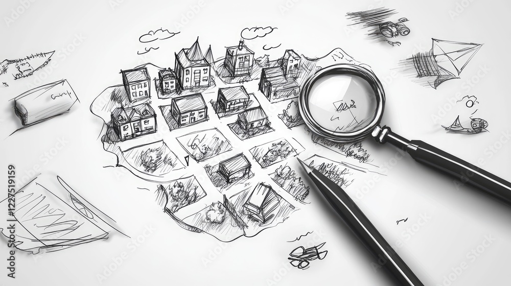 Poster a sketch of a map with pathways, buildings, and a bold search icon drawn on a plain white background