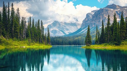 Obraz premium A diverse natural environment featuring a mix of trees, wildlife, and a calm lake. 