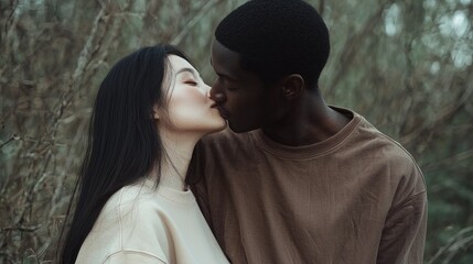 Fototapeta premium In a tranquil woodland, two lovers share a passionate kiss, wrapped in each other's warmth amidst nature's embrace, radiating romance and connection