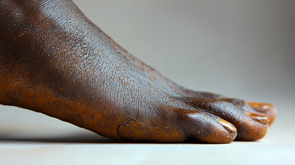 Dirty feet with sand on a clean white background. A concept of freedom, outdoor adventure, or lack of hygiene.