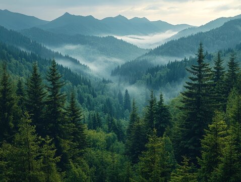Misty Mountain Peaks Framed by Towering Pine Trees in Scenic Wilderness Landscape