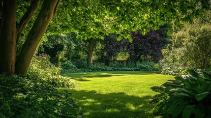 Naklejka premium Lush green garden scene with vibrant trees and plants, sunlight filtering through leaf canopy. Perfect for nature lovers and tranquility seekers.