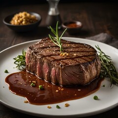 A highly realistic image of a perfectly cooked steak with a seared crust and juicy center served on a rustic wooden board