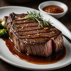 A mouthwatering close-up of a perfectly cooked steak with rich marbling juicy texture and seasoned to perfection