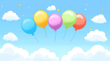 Colorful Balloons in a Sky Filled with Clouds - A Whimsical Celebration