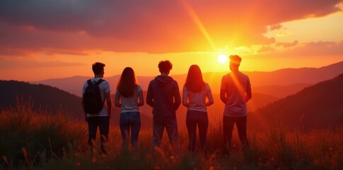 Fototapeta premium Teenage group enjoying sunset, vibrant colors, landscape, vibrant